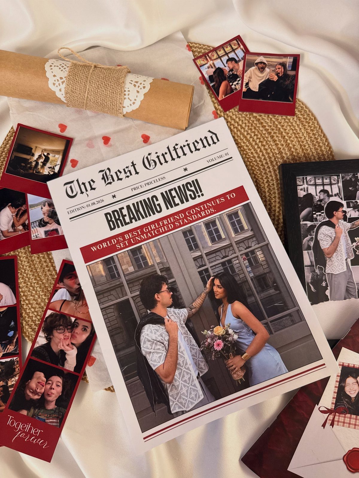 Personalized love newspaper with couple's photo surrounded by polaroids and lace parchment.