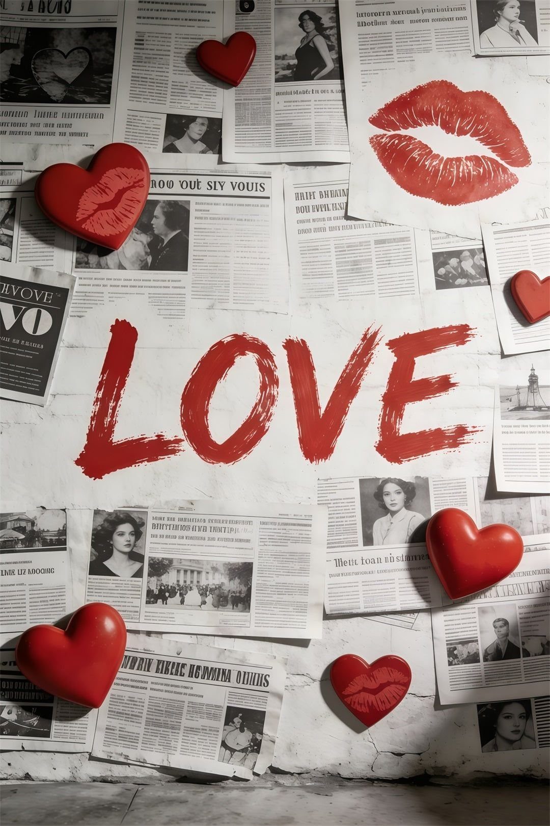 Vintage newspaper clippings on a wall decorated with red hearts and the word LOVE