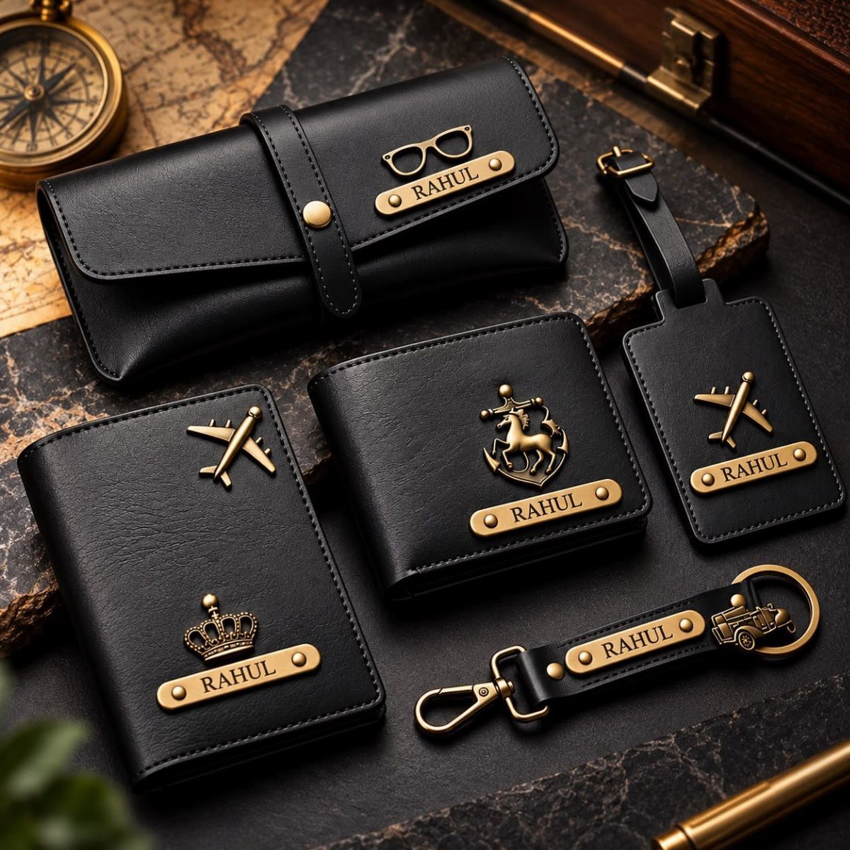 Black leather personalized travel accessory set with gold nameplates and decorative metal charms.