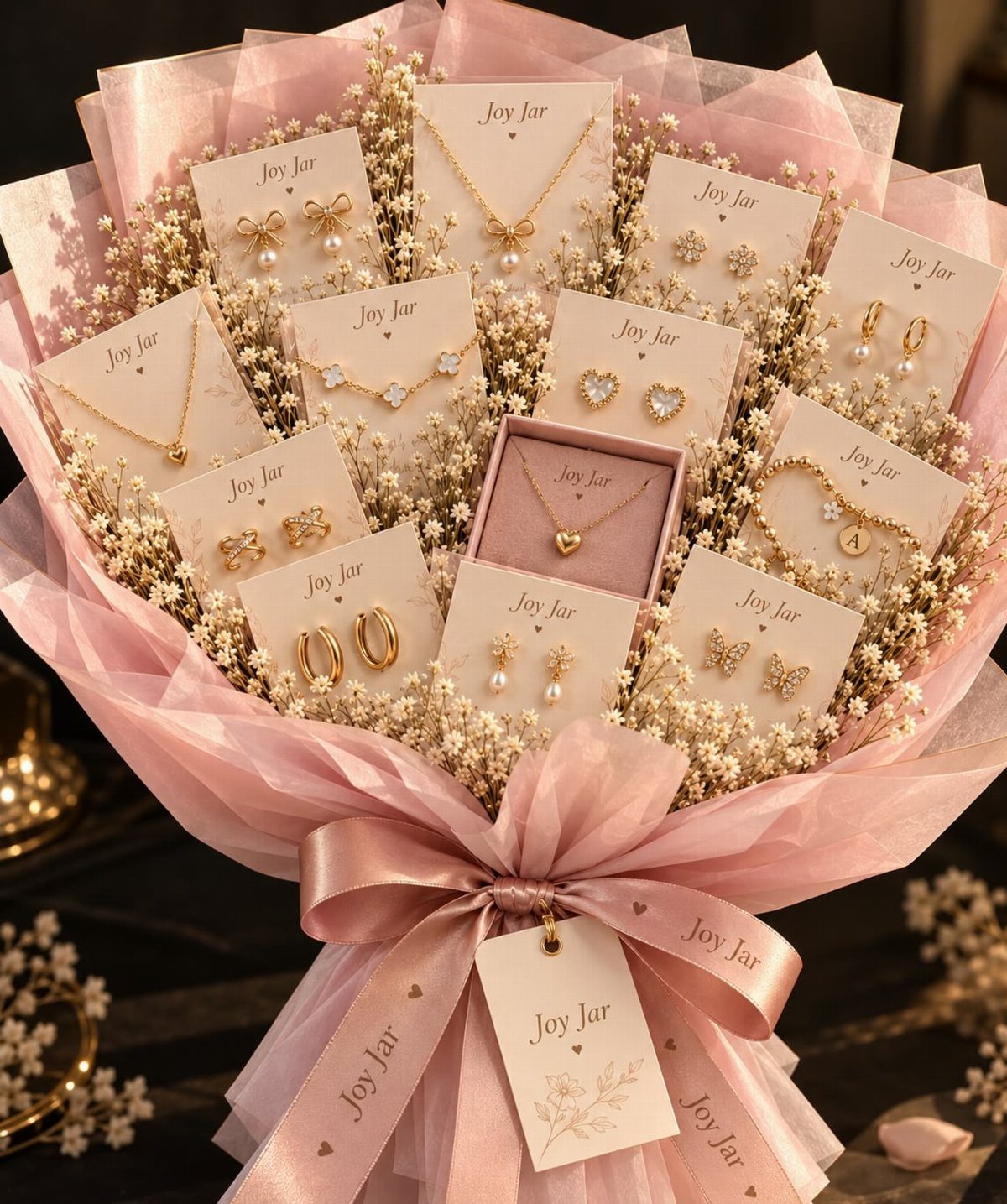 Gold jewelry bouquet with necklaces and earrings nestled in white dried flowers and pink wrapping.