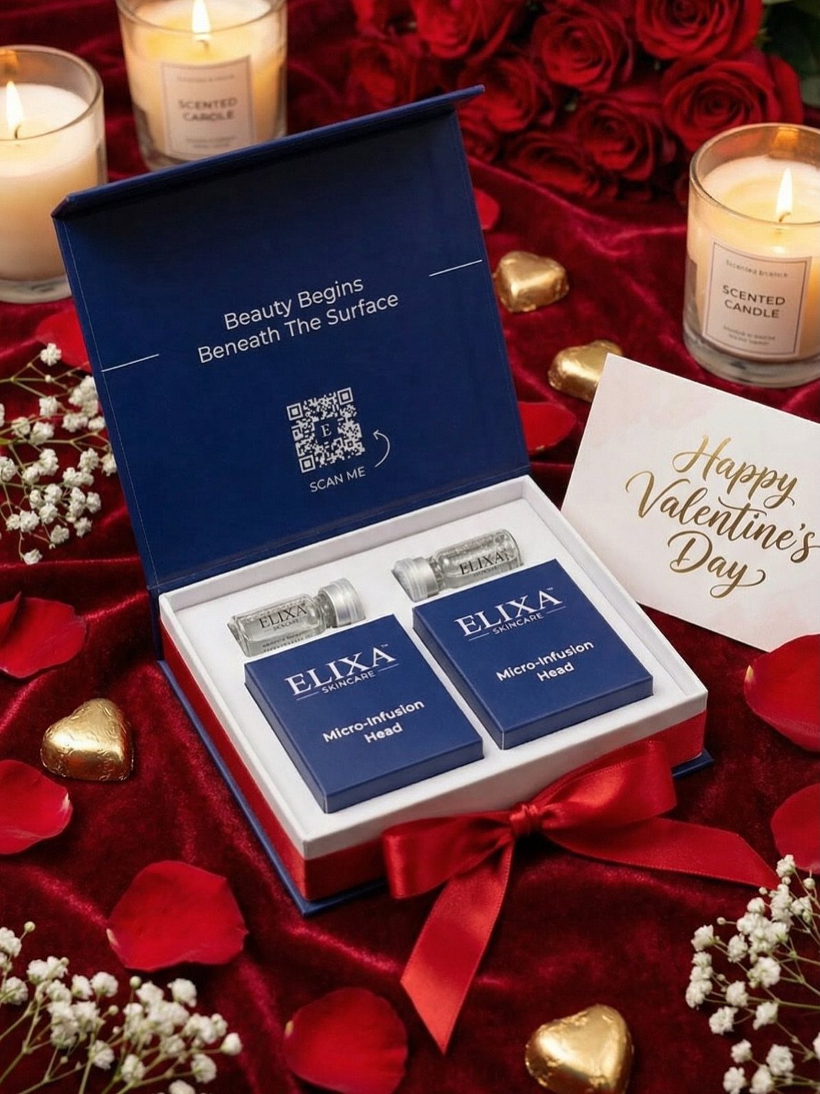 Elixa skincare set in a blue box with red roses and candles.