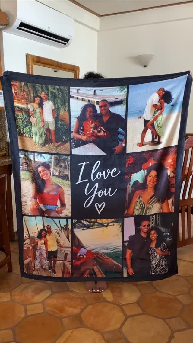 Personalized photo blanket with a couple's pictures and I love you text.