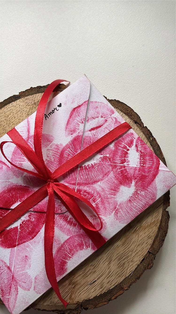 Lipstick-kissed white envelope tied with a red ribbon on a wooden slice.
