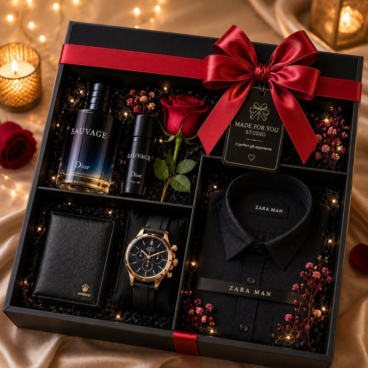 Gift box with black shirt, gold watch, leather wallet, perfume, and red rose.