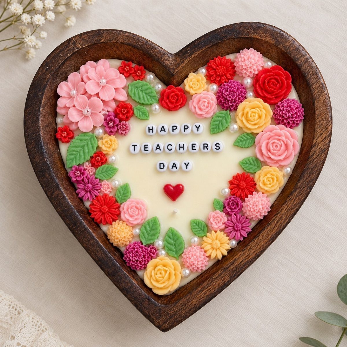 Heart-shaped candle decorated with colorful wax flowers and Happy Teachers Day letter beads.
