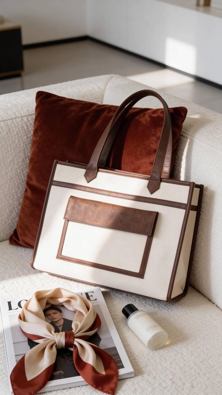 Cream tote bag with brown leather trim on a white sofa with pillow.