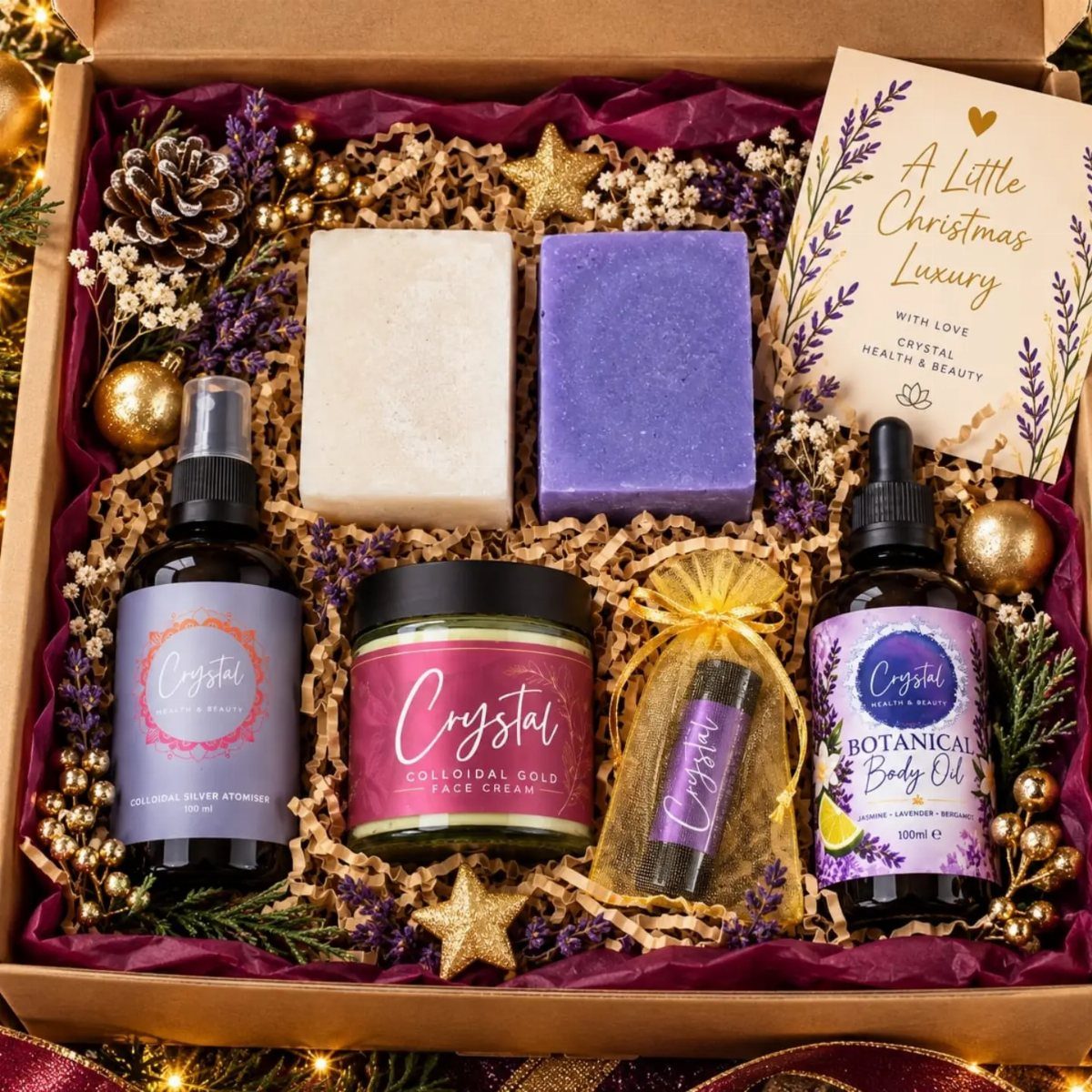 Wellness gift box with skincare products, soaps, and a Christmas luxury card.