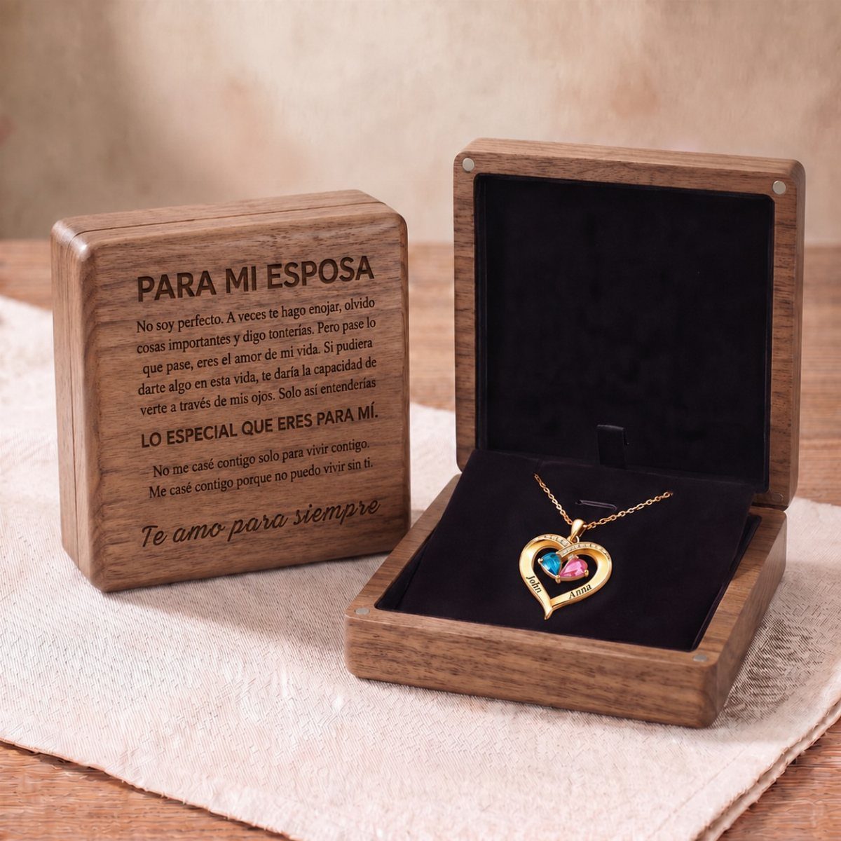Gold heart necklace with colorful gemstone in a personalized engraved wooden gift box
