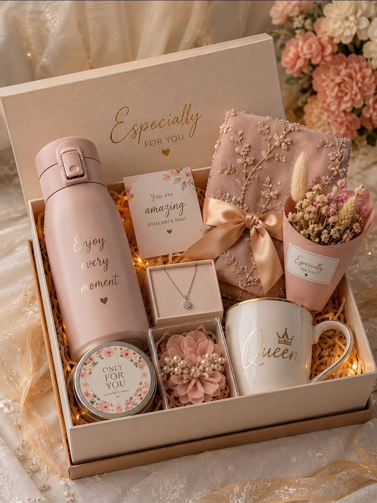 Pink gift box with water bottle, Queen mug, necklace, and dried flowers